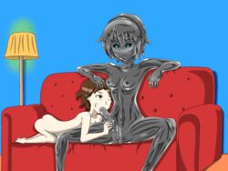 1futa 1girls ass black_sclera blowjob blue_eyes breasts brown_eyes brown_hair clitoris couch futa_sans_pussy futanari godzilla:_city_on_the_edge_of_battle godzilla:_monster_planet godzilla:_the_planet_eater godzilla_(series) headgear lamp looking_at_another looking_down madison_russell medium_breasts metal metal_clitoris metal_girl metal_penis metal_pussy metal_skin monsterverse nipples nude nude_female one_eye_closed oral oral_sex pussy shiny shiny_skin short_hair silver_hair silver_skin sitting stray_123 thick_thighs thighs toho vagina yuko_tani yuri