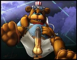 1boy 3_fingers 3_toes animatronic anthro anthro_only anthrofied anus anus_peek ass balls bear bear_ears big_penis black_nose blue_eyes bow_tie bowtie brown_body cloud clouds erect_penis erection firework_freddy fireworks five_nights_at_freddy's freddy_(fnaf) glasses glasses_on_head half-closed_eyes hat headgear headwear machine male_only open_mouth paddy_pawz paws penis ripped_clothing robot signature solo special_delivery star stars teeth top_hat video_games watermark