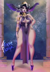 1girls alternate_version_available big_breasts black_hair cum cum_on_body cum_on_breasts dress goth greek_mythology hades_(game) heels lipstick milf moonfwish nyx_(hades) purple_lipstick solo_female solo_focus wide_hips