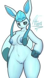 9:16 alwaysfaceleft anthro anthrofied breasts edit eeveelution female genitals glaceon hand_on_hip hi_res looking_at_viewer navel nintendo nipples pokémon_(species) pokémorph pokemon pussy signature simple_background solo standing video_games white_background