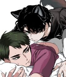 2boys back black_hair cat_ears cat_tail catboy chinyang haikyuu!! haikyuu_timeskip male male/male male_focus male_only sakusa_kiyoomi ushijima_wakatoshi