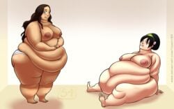 2girls avatar_the_last_airbender bbw belly big_belly black_hair blue_eyes blush breasts brown_hair chubby dark-skinned_female dark_skin fat female katara large_breasts morbidly_obese nipples obese overweight overweight_female ssbbw thick_thighs toasty54 toph_bei_fong weight_gain