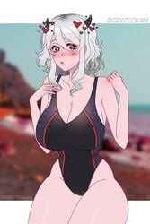 1girls bare_thighs black_swimsuit blush cleavage cryptid_crab demon_girl hair_between_eyes heart-shaped_pupils helltaker horns large_breasts looking_at_viewer massive_breasts medium_hair modeus_(helltaker) one-piece_swimsuit red_eyes red_skin silver_hair solo straight_hair swimsuit thick_thighs