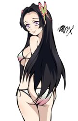 adjusting_clothes adjusting_swimsuit bikini black_hair butterfly_hair_ornament cowboy_shot demon_slayer female female_only kimetsu_no_yaiba kochou_kanae long_hair looking_at_viewer looking_back purple_eyes smile solo swimsuit