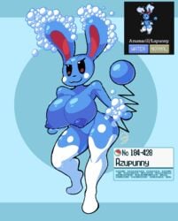 2021 aliasing anthro azumarill big_breasts big_nipples blue_body breasts bubble curvy_figure digital_drawing_(artwork) digital_media_(artwork) female fusion huge_breasts hybrid lagomorph long_ears looking_at_viewer lopunny mammal marine mdjoe nintendo nipples nude pokédex pokémon_(species) pokemon pokemon_(species) signature simple_background smile smirk solo text thick_thighs video_games wide_hips