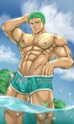 1boy abs artist_signature bara beach biceps big_muscles blue_shorts blue_sky bulge extreme_muscles green_hair hand_on_head human human_only in_water looking_at_viewer looking_down male male_chest male_focus male_only muscle muscle_tone muscles muscular muscular_male muscular_thighs neppikun nipples one_eye_closed one_piece pecs pectorals pirate roronoa_zoro scar scar_across_eye scar_on_chest scar_on_stomach scars shiny_skin shorts shounen_jump six_pack sky solo solo_focus solo_male swimming_trunks swimsuit swimwear toned toned_male triceps water wet wet_body wet_skin wink winking winking_at_viewer