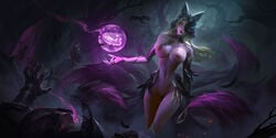 0.3_(artist) 1girls ahri alternate_costume animal_ears armor black_hair blonde_hair coven_ahri eclipse_series edit female huyy_nguyen_(pepeno) league_of_legends naked nipples petite pussy riot_games seductive_look solo tagme tail thighs two_tone_hair uncensored