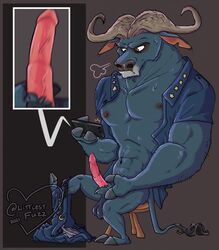 1boy 2021 3_fingers abs absurd_res anatomically_correct anatomically_correct_genitalia anatomically_correct_penis animal_genitalia animal_penis anthro arm_hair balls belt biceps big_penis blue_body blue_fur bodily_fluids body_hair bovid bovine bovine_penis cape_buffalo cellphone chief_bogo clothed clothing cloven_hooves colored cutaway digital_media_(artwork) disney erection fingers frown fur furniture furry_only genital_fluids genitals hi_res holding_object holding_penis hooved_fingers hooves horn littlestfuzz male male_only mammal motion_blur muscular muscular_anthro muscular_male navel nipples notched_ear open_clothing open_shirt open_topwear pants_around_one_leg pants_down partially_clothed pecs pen_(artwork) penis penis_close-up phone pink_penis plantigrade police_uniform pornography precum saggy_balls shaded sheath shirt simple_background sitting smartphone solo solo_male spread_legs spreading stool sweat tail_tuft taking_picture topwear traditional_media_(artwork) tuft uniform vein veiny_penis zootopia