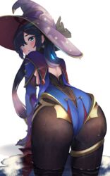 1girls amane_sora bent_over blue_eyes clothed clothing ear_piercing female genshin_impact hat hyper_thighs long_hair looking_at_viewer massive_thighs mona_(genshin_impact) open_mouth purple_hair sideboob solo thunder_thighs twintails white_background