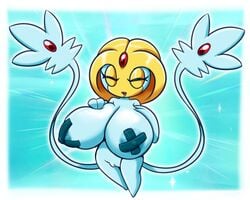 anthro areola big_breasts breasts closed_eyes female genitals huge_breasts latiar legendary_pokemon nintendo nipple_outline pokémon_(species) pokemon pokemon_(species) pussy shortstack solo uxie video_games