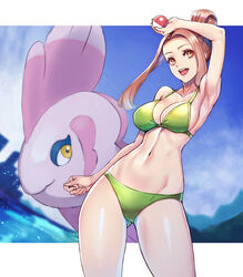 1girls :d abs alomomola arm_up armpits ass_visible_through_thighs bangs bare_shoulders bikini blue_sky breasts brown_eyes brown_hair cleavage clenched_hand cloud collarbone commentary_request cowboy_shot creatures_(company) female fingernails fish game_freak gluteal_fold green_bikini groin hair_bun happy highres holding holding_poke_ball looking_at_viewer midriff navel nintendo npc_trainer ocean open_mouth parted_bangs poke_ball poke_ball_(basic) pokemon pokemon_(game) pokemon_bw posing sky smile solo_female standing swimmer_(pokemon) swimmer_(pokemon_bw) swimsuit thighs upper_teeth water yasu_suupatenin