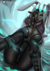 1girl 1girls ass boots breasts bunny_ears bunnysuit cape cleavage corruption corset dark-skinned_female dreadlocks female female_only green_eyes hair_ornament hayashidraws hoodie knee_boots knees knees_together_feet_apart knees_up league_of_legends lips medium_breasts mist pantyhose riot_games ruined_king_symbol senna_(league_of_legends) solo solo_female tencent thick_thighs thighs