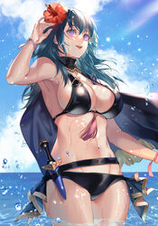 1girls :d alternate_costume arm_up armpits bangs bare_shoulders belt bikini black_belt black_bikini black_cape black_swimsuit blue_eyes blue_hair blue_sky breasts byleth_(fire_emblem) byleth_(fire_emblem)_(female) byleth_(summer)_(fire_emblem)_(female) cape cleavage cloud cowboy_shot dagger day eyebrows_behind_hair female female_only fire_emblem fire_emblem:_three_houses fire_emblem_heroes floating_cape flower flower_in_hair groin hair_between_eyes hair_flower hair_ornament halterneck hibiscus highres knife large_breasts light-skinned_female light_skin long_hair looking_up medium_hair midriff navel nintendo oas ocean official_alternate_costume open_mouth outdoors outside purple_eyes red_flower ribbon rod sheath sheathed sideboob sidelocks sky smile soaked solo solo_female standing swimsuit tassel teal_hair teeth twitter_username upper_teeth wading water water_drop weapon wet wrist_ribbon