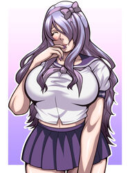 1girls alternate_costume bare_midriff bare_thighs blush bow camilla_(fire_emblem) closed_eyes fire_emblem fire_emblem_fates inabakun00 large_breasts licking licking_finger midriff_peek nail_polish nintendo purple_hair purple_nails school_uniform schoolgirl skirt smile solo tongue tongue_out very_long_hair