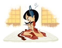 bedroom_eyes bitfap clothing drooling eyes_half_open female futon headphones headphones_on_head kimono kimono_open lust lustful_gaze mechanics_daughter_(character) nude nude_female pubic_hair samurai_jack tongue_out