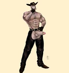 abs body_hair chest_hair erection fingerless_gloves ghostmunchiez large_penis leather_pants madness_combat male_only muscular muscular_male sheriff_(madness_combat)