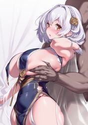 1boy 1girls azur_lane blush breast_curtains clothed_female_nude_male dark-skinned_male fuya_(tempupupu) garter_straps huge_breasts large_breasts looking_at_viewer pale-skinned_female short_hair sirius_(azur_lane) string_panties white_hair