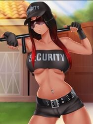 baton belly_piercing busty_biz colored_hair fingerless_gloves hat jennifer_(busty_biz) nutaku pierced_belly_button piercing red_hair shorts sunglasses tagme tan_body tubetop