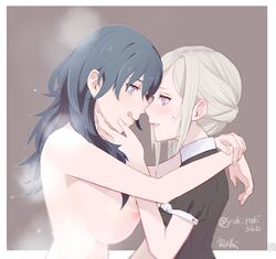 2girls alternate_costume alternate_hairstyle blue_eyes byleth_(fire_emblem) byleth_(fire_emblem)_(female) completely_nude edelgard_von_hresvelg female_only fire_emblem fire_emblem:_three_houses hair hug human imminent_kiss large_breasts licking_lips looking_at_another multiple_girls nintendo nipples nude nude_female ponytail purple_eyes side_ponytail steaming_body teal_hair white_hair yukiyanagi_raki yuri