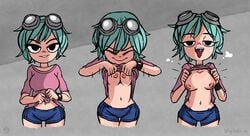 1girls bitfap biting_lip black_eyes blue_hair blush breasts closed_eyes drooling female female_only goggles goggles_on_head half-closed_eyes looking_at_viewer open_mouth partially_clothed presenting presenting_breasts progression ramona_flowers saliva scott_pilgrim shirt_lift short_hair tongue_out wristband