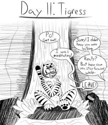 2021 anthro caught covering covering_breasts covering_self dialogue dreamworks embarrassed embarrassed_naked_female embarrassed_nude_female enf english_text felid female front_view genitals hi_res himitsu kung_fu_panda mammal master_tigress monochrome naked nude pantherine pussy raised_tail shocked sitting solo speech_bubble stripes text tiger unseen_character