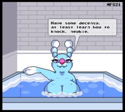 2021 animated annoyed arm_support bathing bathtub big_breasts blinking blue_body breasts brionne cleavage clothed clothing dialogue dialogue_box dialogues expressions female feral looking_at_viewer mammal marine matchesyashi nintendo nipples pinniped pixel_animation pixel_art pokémon_(species) pokemon seal solo speech_bubble teeth tongue video_games white_body