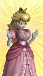 1girls 3d alternate_breast_size big_breasts blonde_hair blue_eyes breasts busty cleavage cleavage_cutout curvy dress female female_only huge_breasts lipstick long_hair looking_down makeup mario_(series) nintendo no_bra open_mouth pendant pink_lipstick princess_peach solo super_smash_bros. super_smash_bros._brawl surprised voluptuous