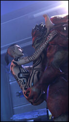 3d carrying carrying_partner female full_body_tattoo interspecies jack_(mass_effect) krogan male mass_effect nude nude_female sex side_view straight tattoo urdnot_wrex