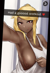 1girls blonde_hair breasts caption cleavage dark-skinned_female female female_only flirting lailah_(roresu) large_breasts looking_at_viewer loose_clothes loose_shirt original_character red_eyes roresu selfie sideboob smile solo sweat tied_hair tongue_out