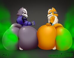 anthro anus ass balls big_butt bottomless canid canine canis clothed clothing digital_media_(artwork) duo fart fart_cloud fart_fetish fox fox_mccloud fur furry genitals hi_res huge_butt hyper hyper_butt male male/male mammal nintendo simple_background spaca star_fox video_games wolf wolf_o'donnell