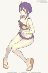 1girls alternate_costume bare_legs bernadetta_von_varley bikini breasts cleavage earrings female fire_emblem fire_emblem:_three_houses frills frown gofelem grey_eyes jewelry looking_at_viewer medium_breasts nintendo post-timeskip purple_hair sandals short_hair solo sweatdrop swimsuit yellow_bikini yellow_swimsuit