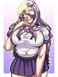 1girls alternate_costume bare_midriff bare_thighs blush bow camilla_(fire_emblem) closed_eyes dirty fire_emblem fire_emblem_fates food food_on_body food_play inabakun00 large_breasts licking licking_finger midriff_peek nail_polish nintendo purple_hair purple_nails school_uniform schoolgirl skirt smile solo tongue tongue_out very_long_hair