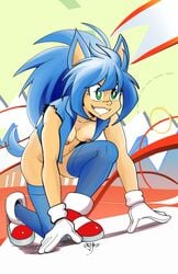 1girls areolae blue_hair breasts breasts_out casual_nudity cute edit edited exposed_torso female female_only footwear gloves green_eyes grin handwear humanized kneeling legwear nalem nipples no_bra no_panties outerwear pointy_ears rule_63 smile solo sonic_(series) sonic_mania sonic_the_hedgehog sonique_the_hedgehog stockings thighhighs