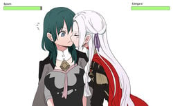 2girls assertive blue_eyes byleth_(fire_emblem) byleth_(fire_emblem)_(female) closed_eyes edelgard_von_hresvelg female_only femdom fire_emblem fire_emblem:_three_houses fr0zennnnnnet garreg_mach_monastery_uniform gentle_femdom happy_female health_bar horny_female kiss kissing lesbian lesbians medium_hair multiple_girls nieto_tokage nintendo stats teal_hair white_background white_hair wholesome yuri