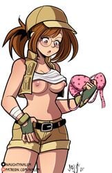 1girls 2020s 2021 adult areolae belt black_belt blush bra bra_removed breasts breasts_out brown_eyes brown_hair cap cleavage erect_nipples exposed_breasts female female_only female_soldier fingerless_gloves fio_germi glasses green_handwear hat lifted_top long_hair looking_down metal_slug nalem navel nipples open_mouth plain_background ponytail round_glasses shiny_skin shirt_up shorts solo sweat sweatdrop sweaty_face tan_bottomwear tan_headwear tied_hair tomboy visor_cap white_background white_topwear