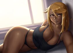 1girls blonde_hair breasts cleavage dark-skinned_female female female_only lailah_(roresu) large_breasts long_hair looking_at_viewer midriff_baring_shirt on_side original_character panties red_eyes roresu smile solo tank_top thick_thighs