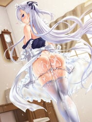 after_sex ass azur_lane back bangs bare_shoulders belfast_(azur_lane) blue_eyes blush braid breasts commentary_request cum cum_in_pussy cum_on_ass cum_on_body female french_braid highres hisasi large_breasts long_hair looking_at_viewer looking_back maid maid_uniform off_shoulder panties panty_pull solo thighhighs thighs underwear white_hair white_legwear white_panties