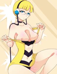 black_panties blonde_hair blue_eyes choker elesa_(pokemon) glasses head_tilt headphones obakawaii open_mouth pokemon pokemon_bw short_hair undressing very_short_hair