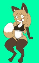 1girl 1girls anthro anthro_female anthro_only averi_(fiddleafox) black_bra black_panties black_top blacked blacked_(meme) blacked_clothing bra breasts calvin_klein cleavage clothes_writing fang female_only fox fox_girl furry furry_female furry_only green_eyes killerfoxkin looking_at_viewer mammal panties sitting smile solo underwear