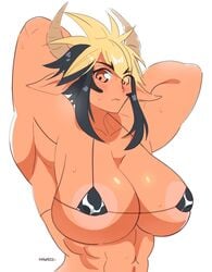 1girls abs animal_ears animal_humanoid areola_slip areolae armpits biceps bikini_top black_hair blonde_hair blush bovine_humanoid breasts cathyl cathyl_(monster_musume) cleavage cow_ears cow_print cow_print_bikini drawn female female_minotaur female_only flexing front_view horns huge_areolae huge_breasts mawiedz minotaur minotaur_female monster_girl monster_musume_no_iru_nichijou muscles muscular_female navel sexy_armpits sidelocks signature simple_background skimpy solo sweat two_tone_hair upper_body white_background