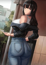 big_ass big_breasts big_butt black_hair breasts breasts_bigger_than_head dat_ass emotionless expressionless jacket jeans looking_at_viewer looking_back naoko-san naoko_(9113419) thick_legs thick_thighs tshirt