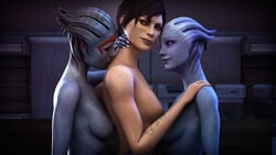 3d 3girls alternate_hair_color alternate_version_available asari asarimaniac black_hair blue_eyes breasts commander_shepard female female_only female_protagonist femshep interspecies liara_t'soni mass_effect nude nude_female samara threesome yuri