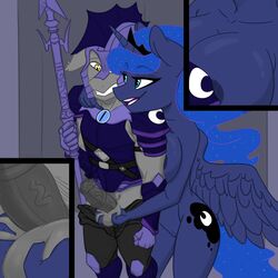 1:1 alicorn animal_genitalia animal_penis anthro areola armor ball_grab balls bat_pony big_breasts bodily_fluids breast_squish breasts clothed clothed/nude clothed_male_nude_female clothing cutie_mark duo equid equine equine_penis erection feathered_wings feathers female fondling friendship_is_magic genitals grope_from_behind hasbro headgear helmet hi_res horn kennzeichen male male/female mammal melee_weapon my_little_pony night_guard_(mlp) nude nuttyhoof open_mouth pants_down partially_clothed penis polearm princess_luna_(mlp) pussy reach_around seductive spear squeezing_balls squish weapon wings