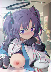 andou_shuki black_gloves blue_archive blue_eyes blue_neckwear blush bra breasts cup drinking_straw exhibitionism eyebrows_visible_through_hair female gloves hair_ornament halo highres jacket large_breasts long_hair looking_at_viewer millennium_science_school_logo_(blue_archive) millennium_science_school_student necktie nipples off_shoulder one_breast_out oppai_challenge purple_bra purple_hair seminar_(blue_archive) shirt solo_focus sukeban_(mg)_(blue_archive) twintails underwear v-shaped_eyebrows white_jacket white_shirt yuuka_(blue_archive)