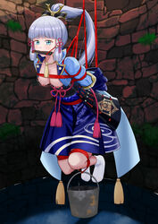 1girls artist_request bit_gag blue_eyes blue_hair bondage breasts female gag genshin_impact kamisato_ayaka medium_breasts needle nipples red_rope suspension white_legwear