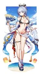 1girls beach bikini blush breasts cleavage feet female genshin_impact hi_res human japanese_clothes kamisato_ayaka kiriko_(araragikoyomi) large_breasts looking_at_viewer medium_breasts mole mole_on_breast ponytail pubic_tattoo sandals smile socks tattoo zouri