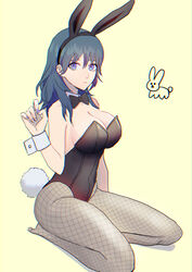 1girls alternate_costume blue_eyes blue_hair breasts bunny_ears bunny_girl bunnysuit byleth_(fire_emblem) byleth_(fire_emblem)_(female) cleavage female fire_emblem fire_emblem:_three_houses fishnet_legwear fishnet_stockings fishnets looking_at_viewer medium_breasts medium_hair nail_polish nintendo on_knees purple_nails rakitarou solo teal_hair white_skin yellow_background yukiyanagi_raki