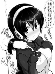 1boy black_hair blush breasts closed_mouth cum cum_on_body cum_on_breasts cum_on_clothes ejaculation female gentoo_penguin_(kemono_friends) gloves greyscale hairjob jacket kemono_friends large_breasts looking_at_penis looking_to_the_side monochrome multicolored_hair penguin_girl penis solo_focus straight thought_bubble translation_request watayoshi_(suiiho)