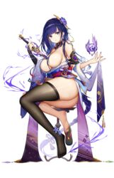 1girls ass barefoot between_breasts breasts feet female female_only genshin_impact hi_res huge_ass kimono kiriko_(araragikoyomi) large_breasts raiden_shogun sandals sweat sword thick_ass thick_thighs thighhighs weapon