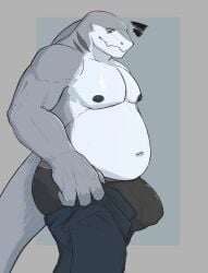 amiryth anthro black_clothing black_nipples black_underwear bottomwear bulge clothed clothing fish grey_tail hi_res looking_down male marine meme multicolored_body nipples overweight overweight_male pants shark solo tail tight_pants_(meme) topless two_tone_body underwear yosef_(amiryth)